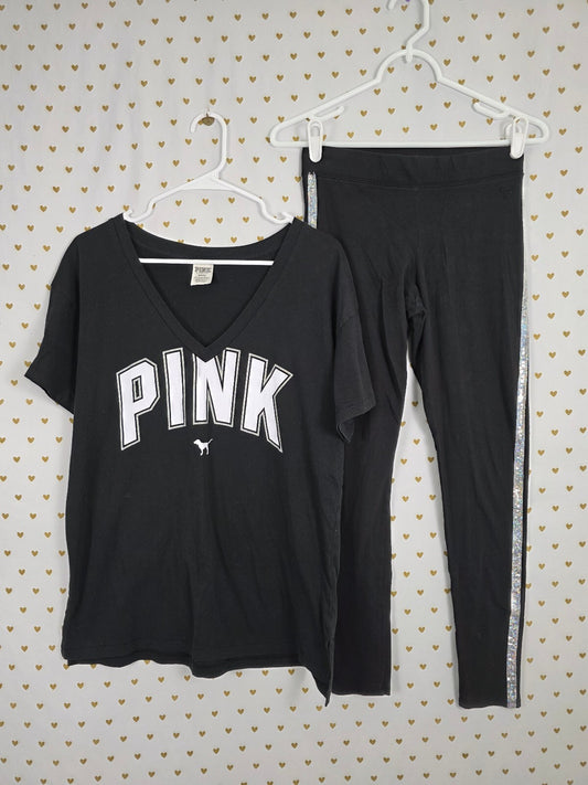 Victorias Secret PINK V neck BLING Sequined Set Tee Shirt Leggings Small Med