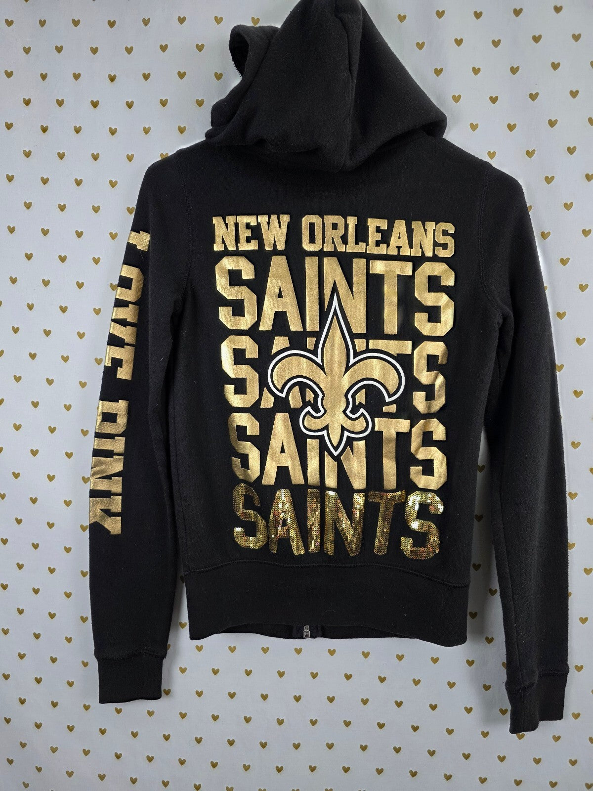 VS PINK NFL New Orleans Saints Hoodie XS Black Gold Sequin BLING Full Zip