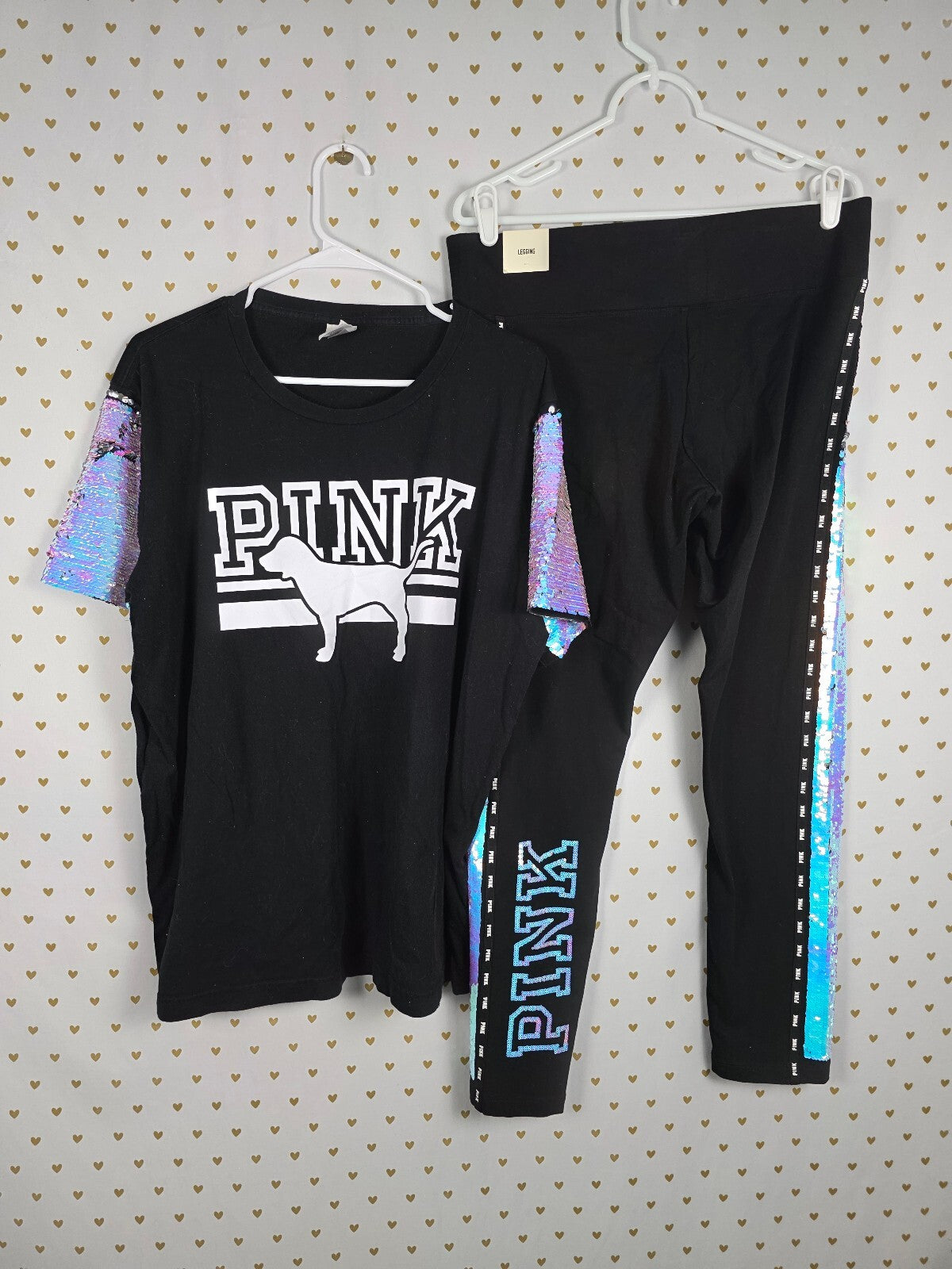 VS PINK Mermaid Bling Iridescent Flip Sequin Tee Leggings Set XL NEW HTF