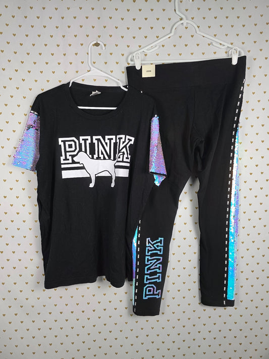 VS PINK Mermaid Bling Iridescent Flip Sequin Tee Leggings Set XL NEW HTF