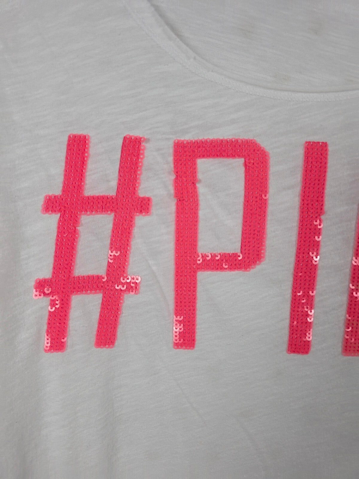 Victoria's Secret PINK Sequin #PINK Tee Large White Neon Pink BLING Logo Shirt