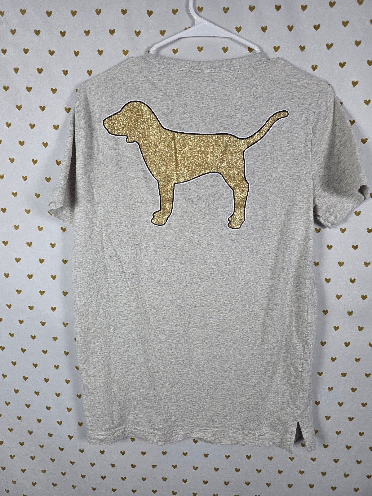 Victorias Secret PINK BLING GOLD Glitter dog logo lace front tee shirt SMALL
