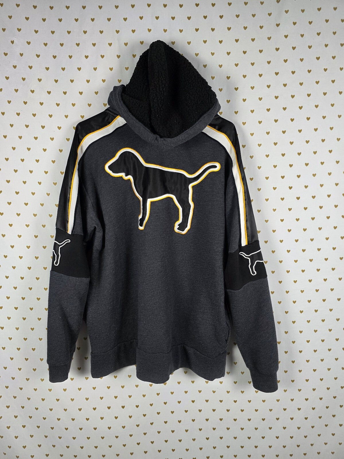 Victorias Secret Pink Embroidered Sherpa Lined Hood Dog Logo Sweater LARGE
