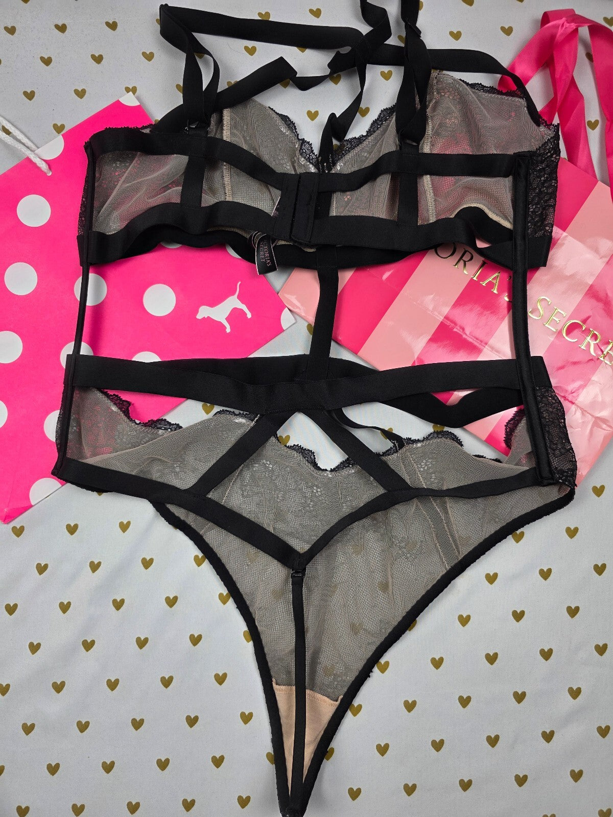 Victorias Secret Black Sexy Strappy Caged teddy Bodysuit Lingerie XL Thong