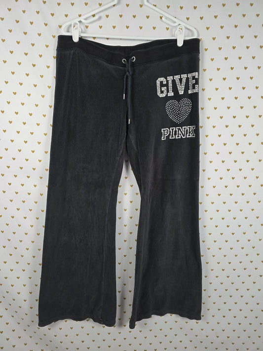 PINK Victoria's Secret Velour Sweatpants Rhinestone Give Love BLING Large Flared