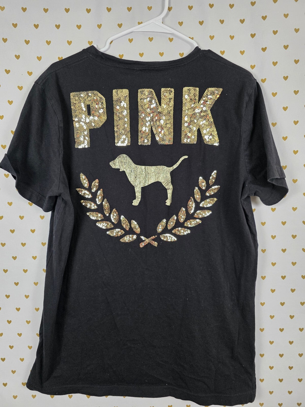 Victorias Secret PINK Gold Bling Sequined Crest Tee shirt Large