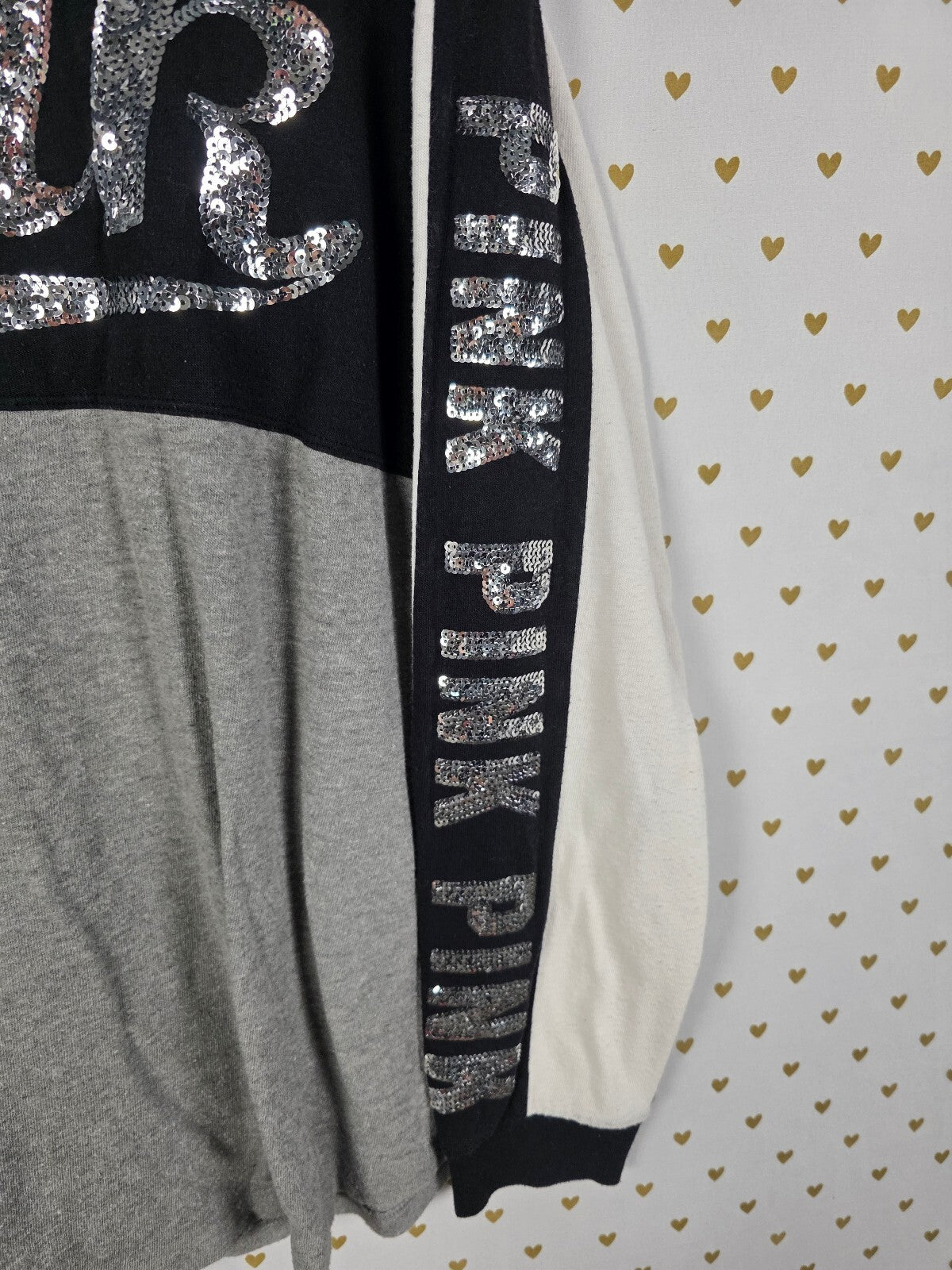 Victorias Secret PINK BLING Colorblock Logo Tee shirt Sequined LARGE