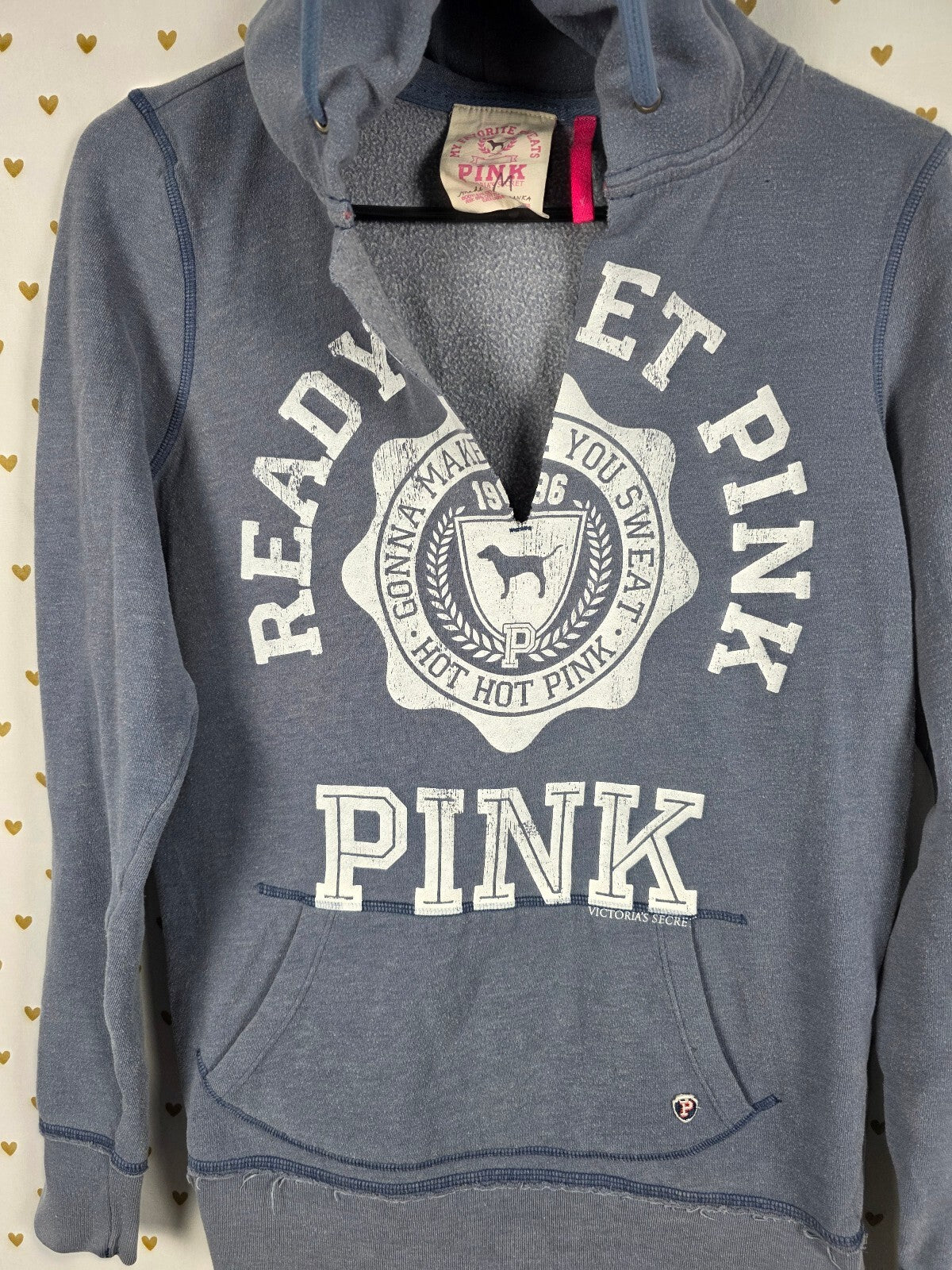 Victorias Secret Pink Vintage Ready Set PINK V neck Pullover Hoodie Sweater Med