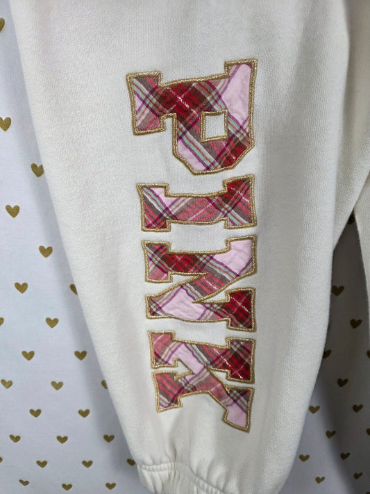 Victorias Secret PINK Flannel Logo Campus sweats sweatpants MEDIUM White