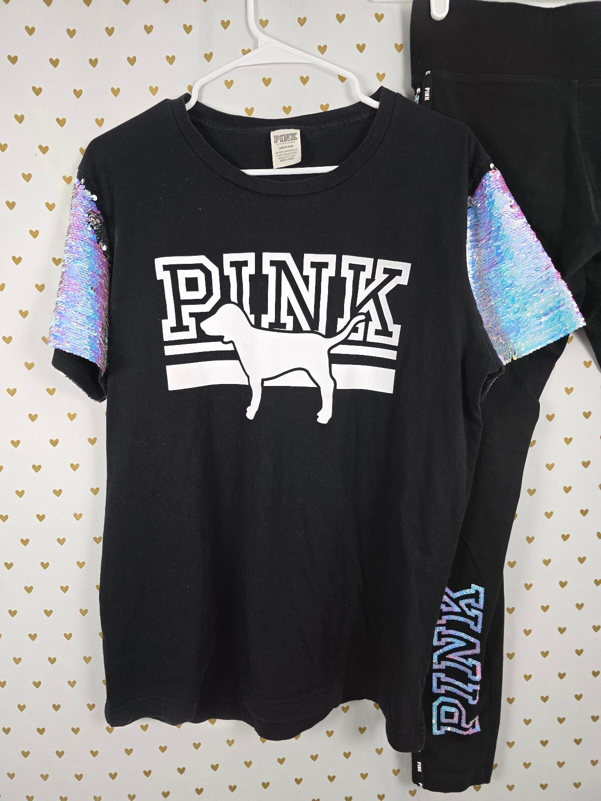Victorias Secret PINK MERMAID Flip Bling Sequined SET M L Tee Yoga Pants HTF