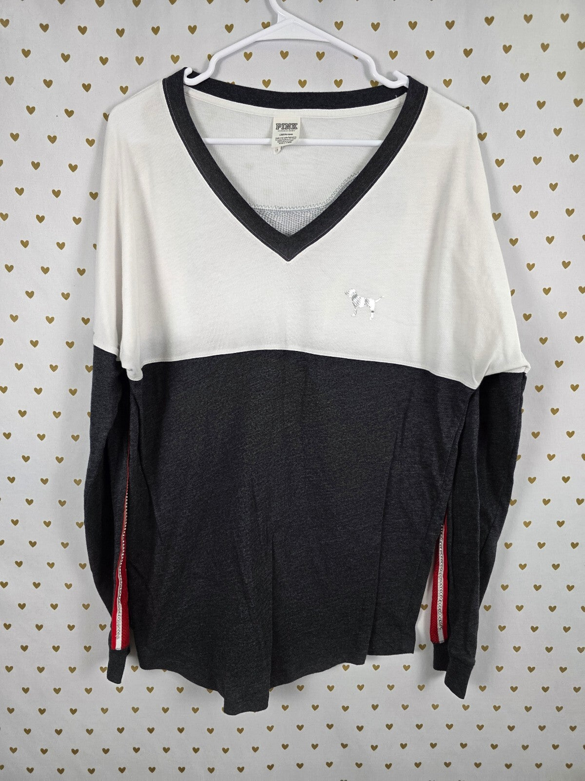 Victorias Secret PINK Dog Logo Bling Sequined Silver Long Sleeve V Neck Tee L