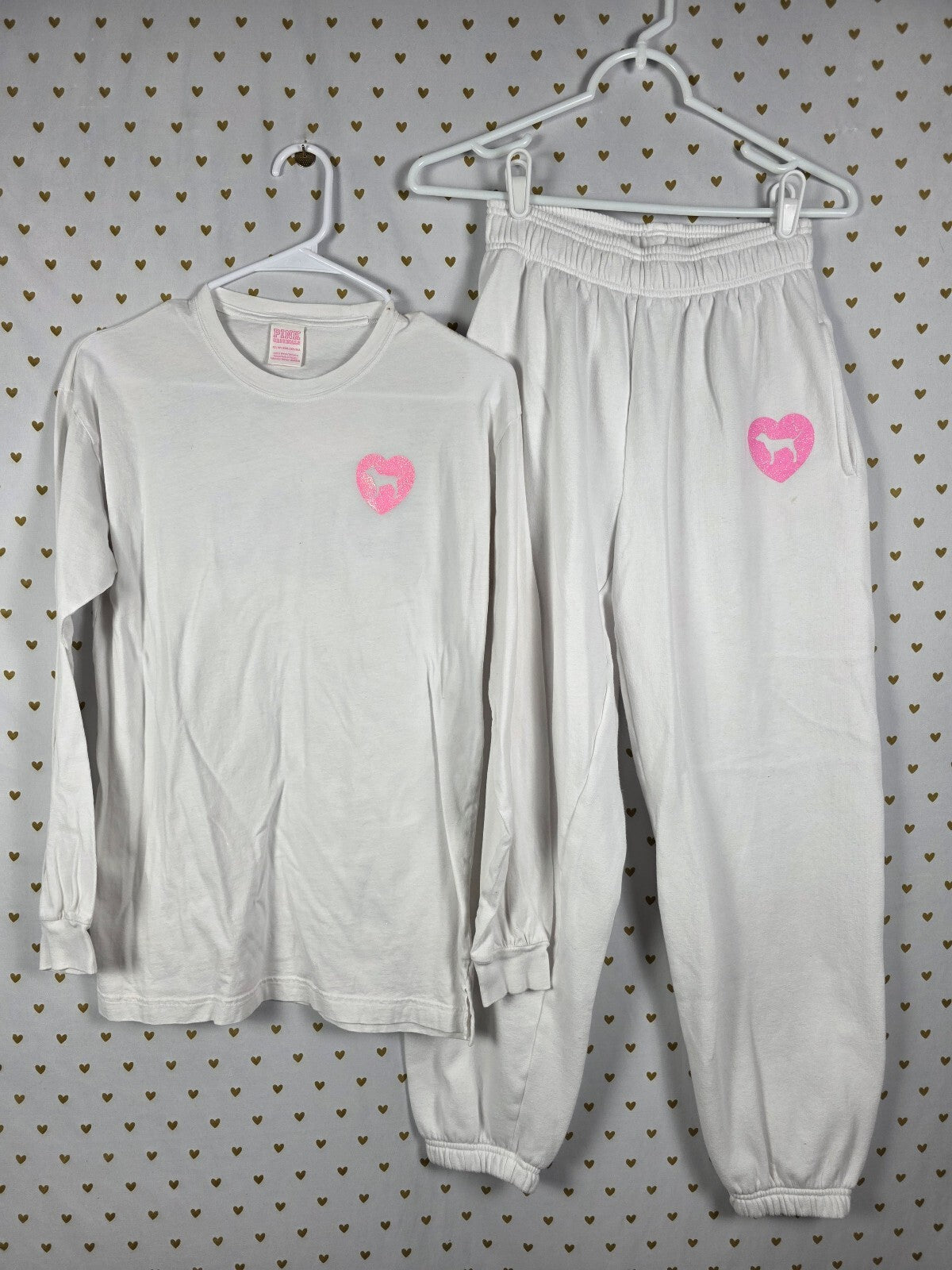 Victorias Secret PINK BLING GLITTER Campus Originals White Sweats TEE SHIRT SET