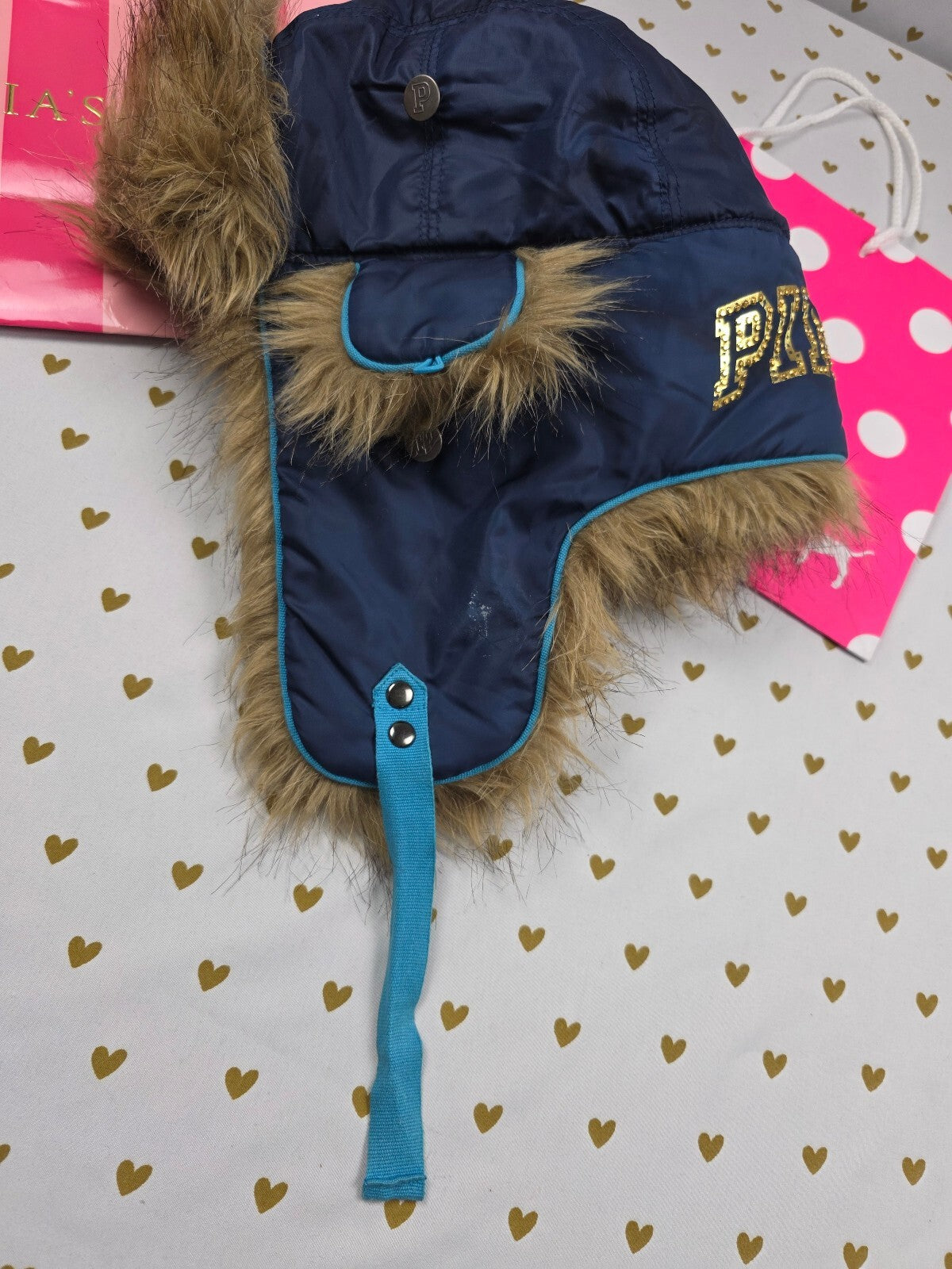 Victoria’s Secret PINK Road Trip 86 BLING Faux Fur Trapper Hat Y2K Rare