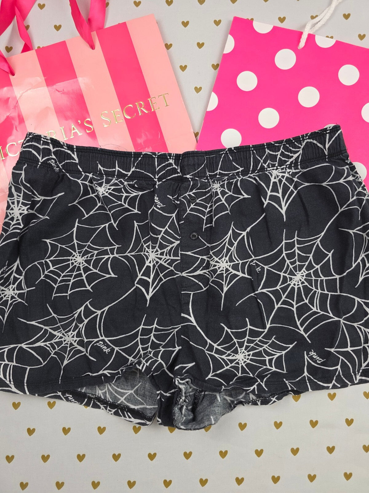 Victorias Secret PINK Halloween Spider Web M Sleep Shorts Boxers Pajama Bottoms