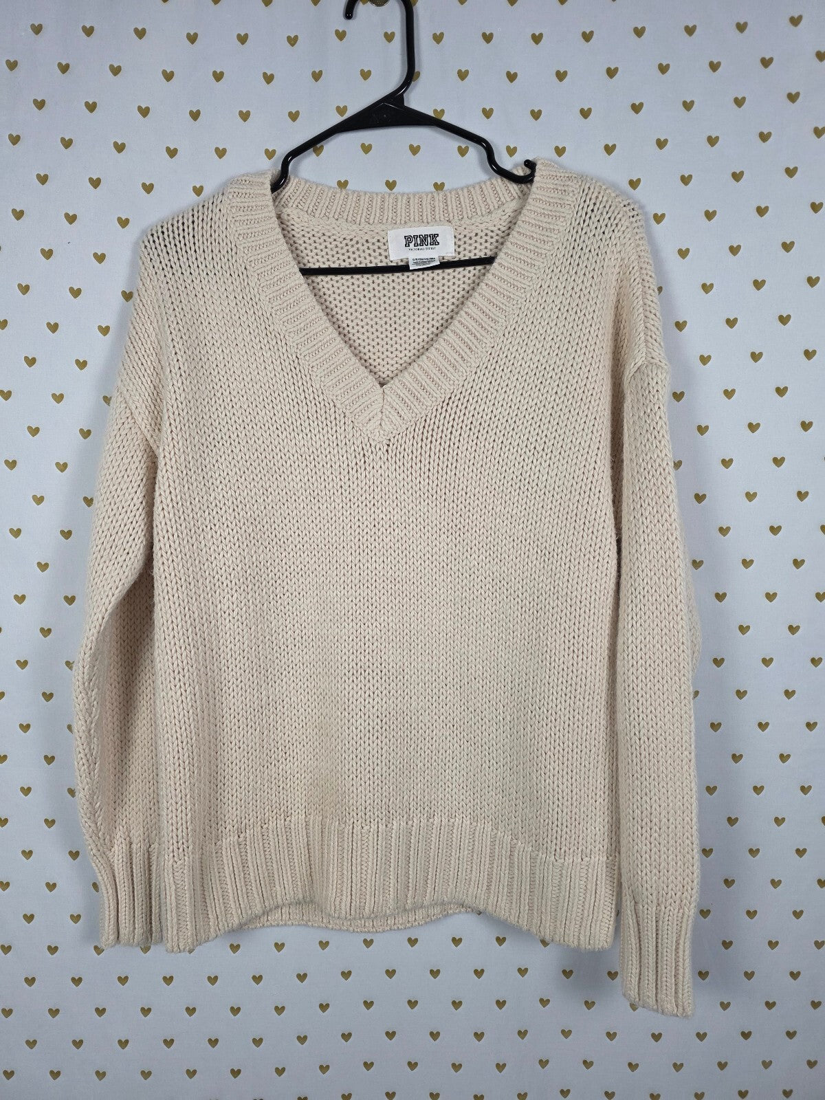 Victorias Secret Pink Cream V neck Heavy Knit Sweater Long Sleeve Small