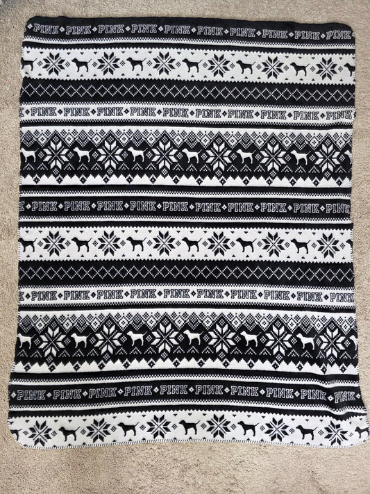Victoria's Secret PINK Black White Fair Isle Dog Snowflake Fleece Blanket 50x60