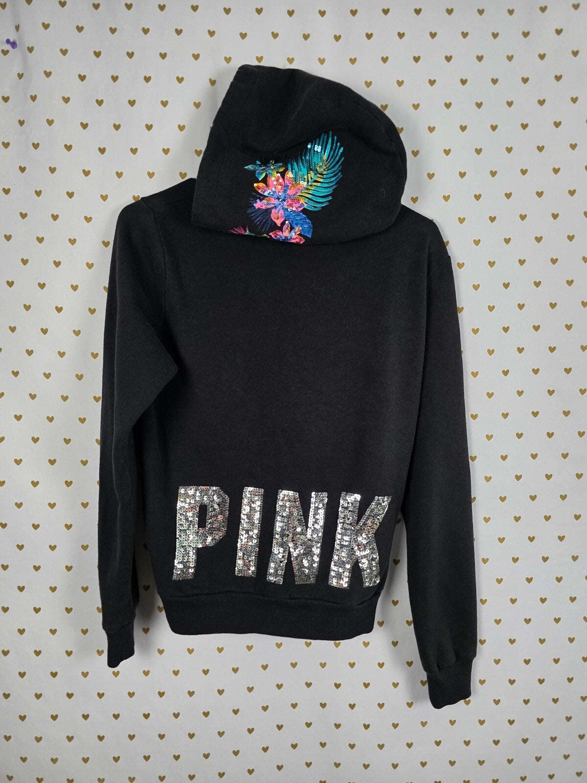 Victorias Secret Pink BLING Sequin Hibiscus Full zip hoodie Jacket HTF MEDIUM
