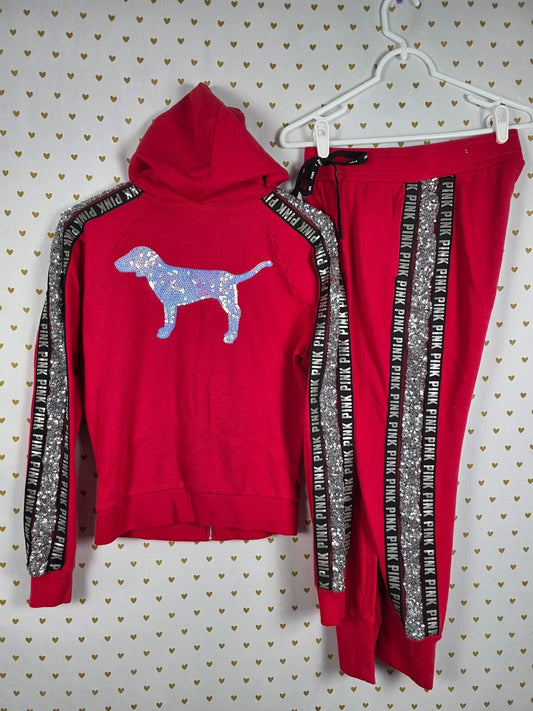 Victorias Secret Pink BLING DOG Mermaid Sequin SET Hoodie Sweats Red XS