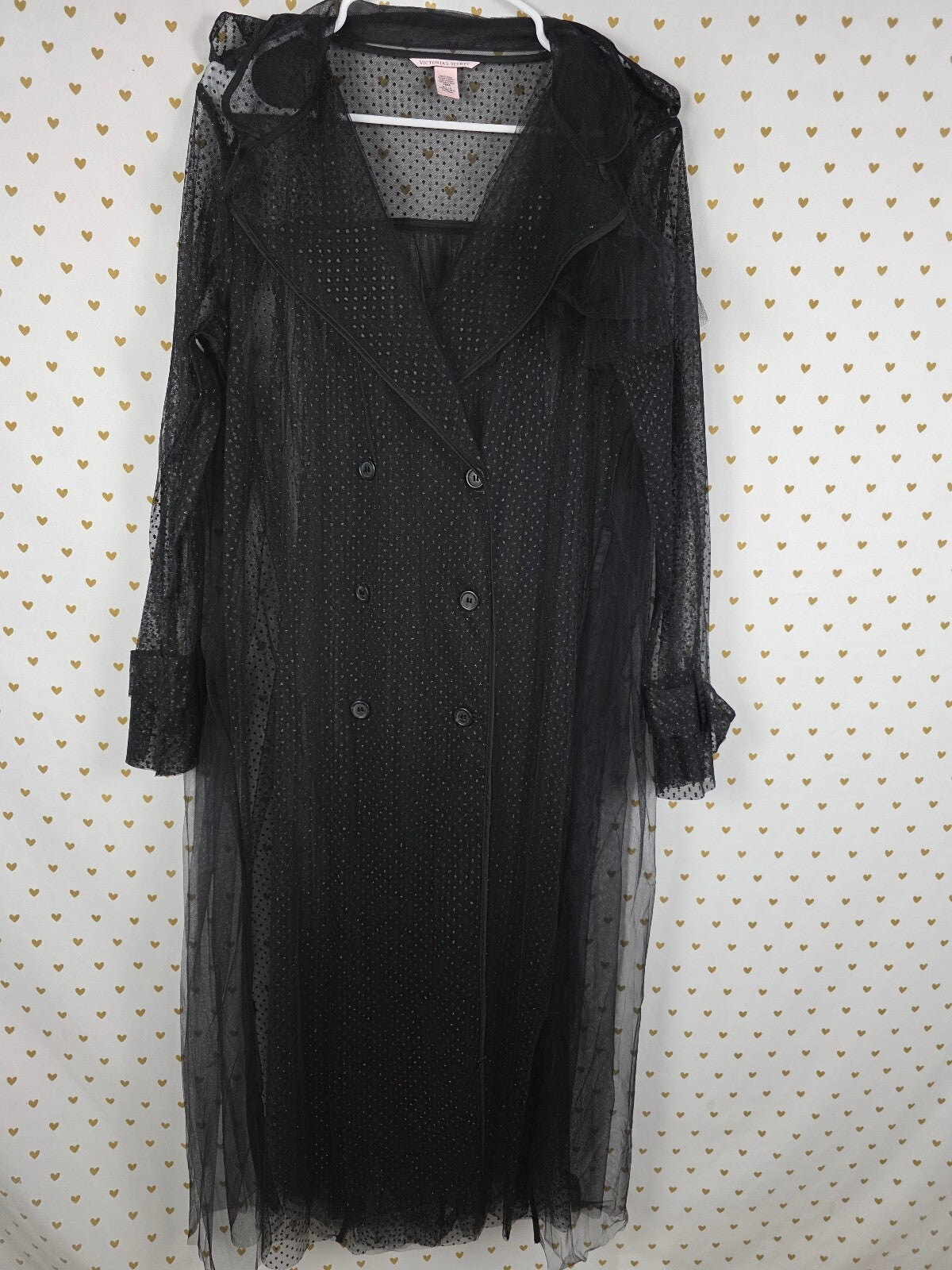 Victoria's Secret Black Sheer Tulle Maxi Robe M/L Polka Dot Ruffle Trench