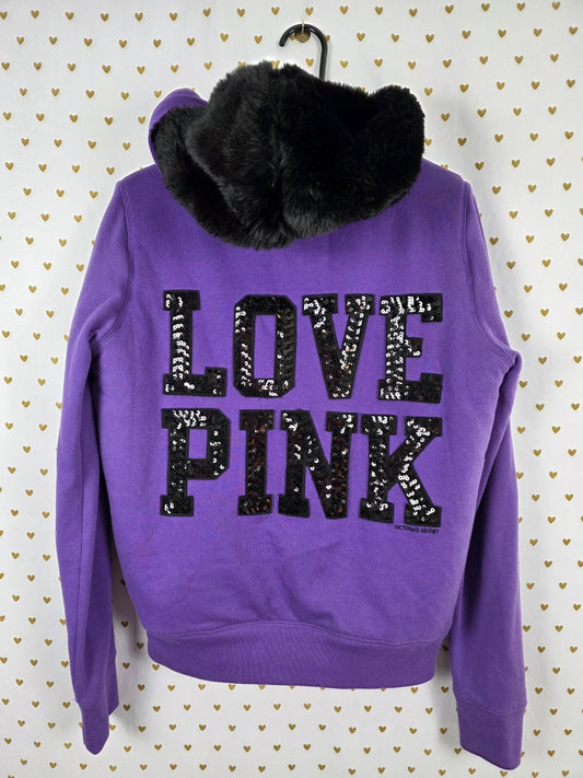 Victorias Secret Pink Fur lIned Bling Sequined Hoodie Jacket Large Vintage y2k