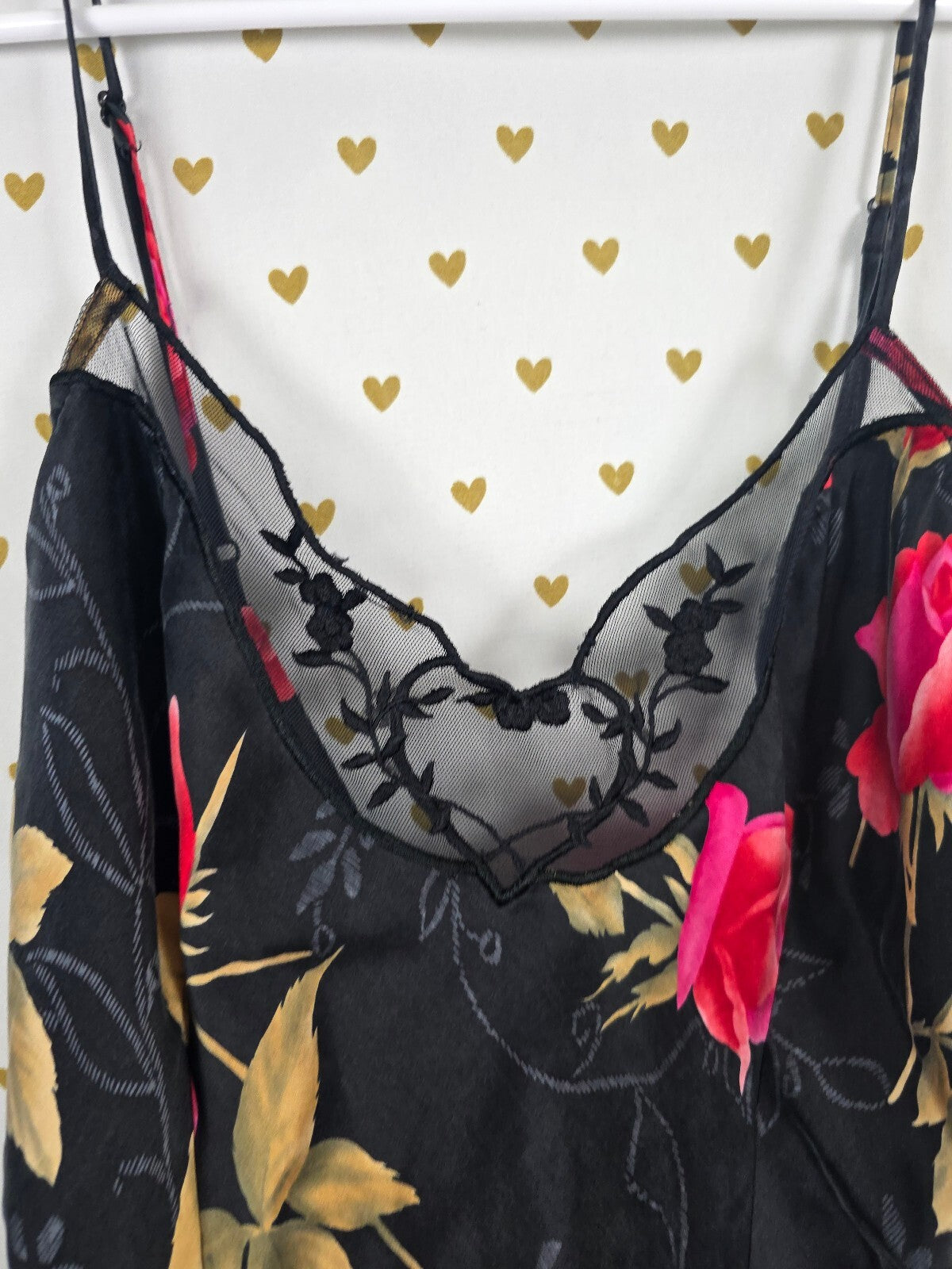 Vintage Victoria's Secret 100% Silk Slip Dress M Black Pink Rose Floral Lace
