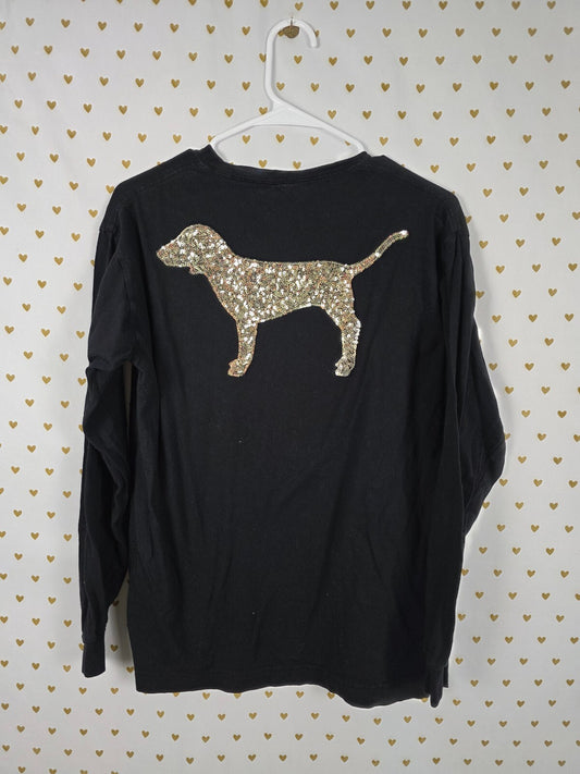 Victorias Secret PINK GOLD BLING DOG LOGO Long Sleeve Tee Shirt Small