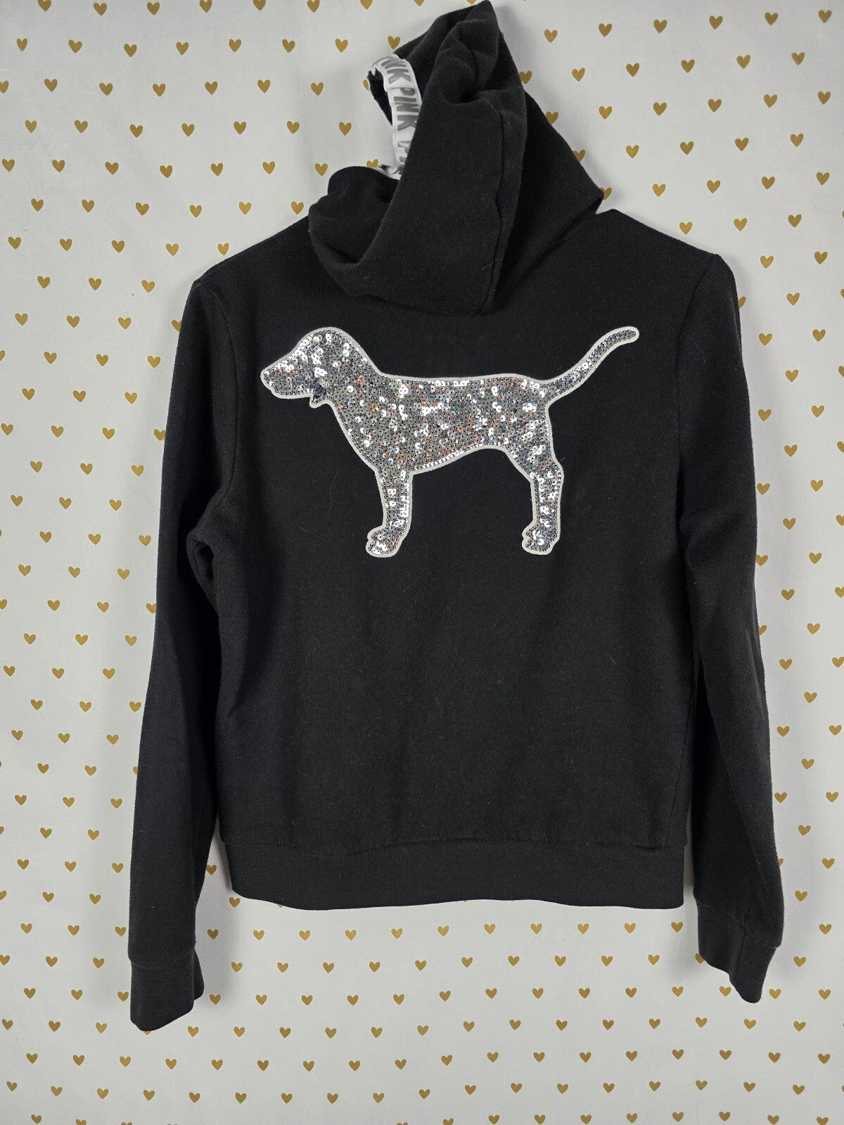 Victorias Secret Pink Dog Logo BLING Sequined Hooded Sweater Pullover Small