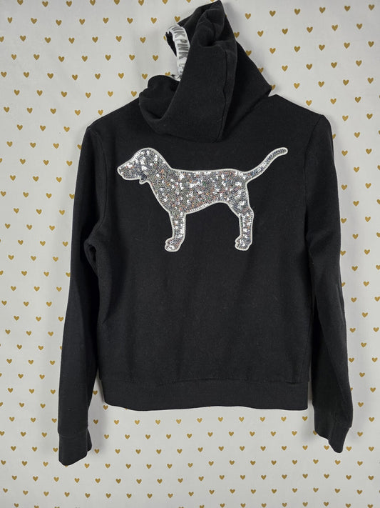 Victorias Secret Pink Dog Logo BLING Sequined Hooded Sweater Pullover Small