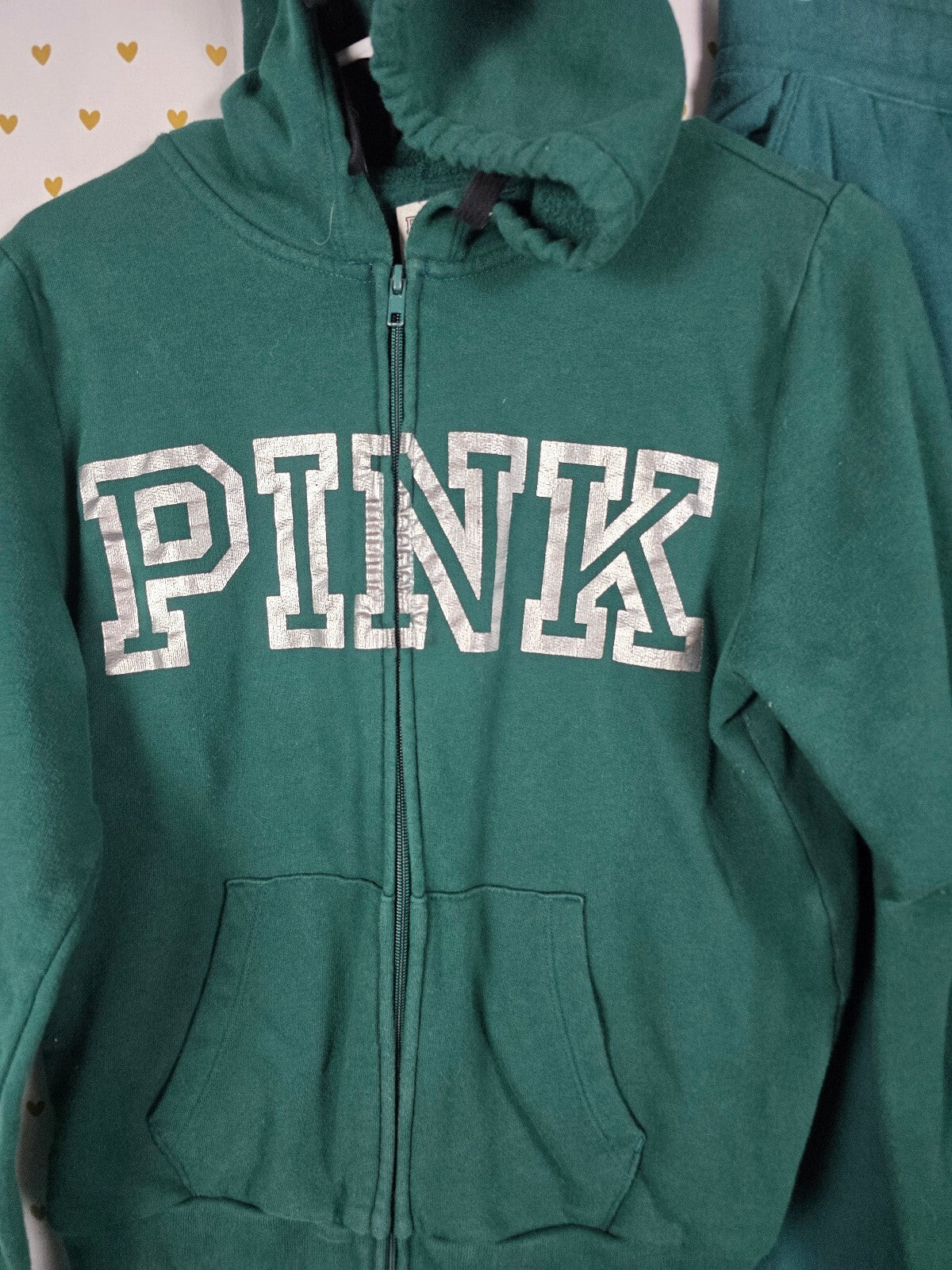 Victorias Secret Pink Green Logo Full Zip Hoodie Sweater Sweats Sweatpants MED