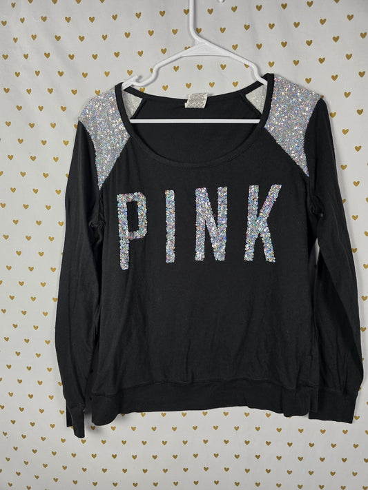 Victorias Secret PINK BLING Sequined Raglan Long Sleeve Logo Tee Shirt LARGE