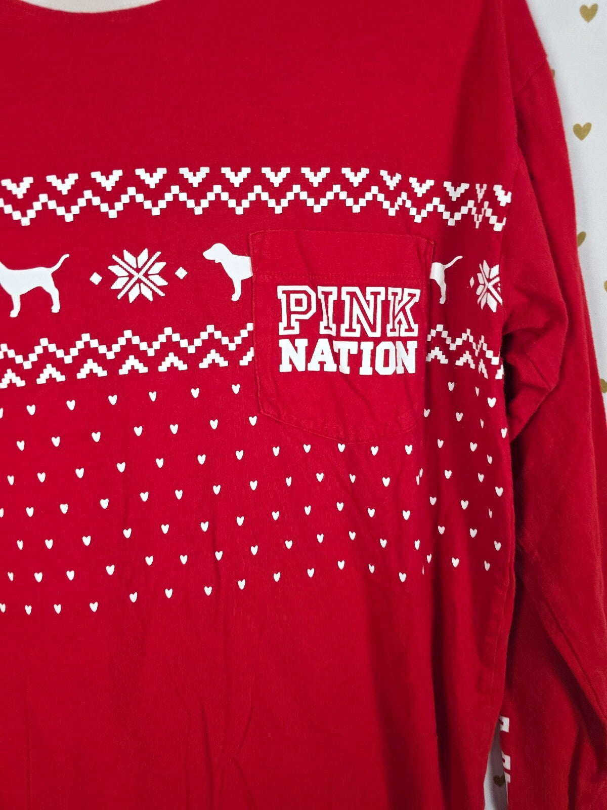 Victorias Secret PINK Nation Campus winter Pocket Tee long sleeve Red XS