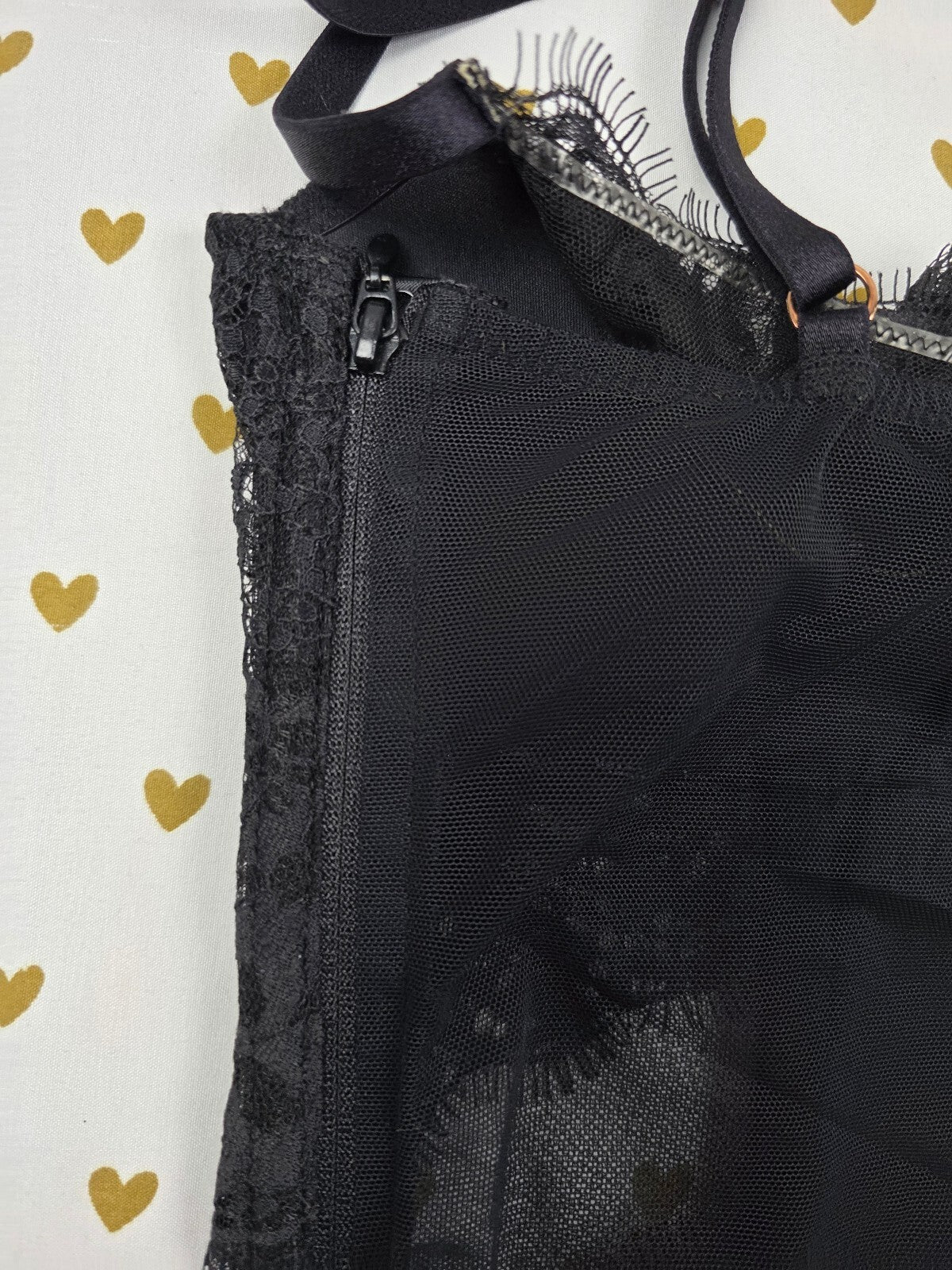 Victoria's Secret Black Lace Satin Bustier Corset Bodysuit 34C Sheer Lingerie