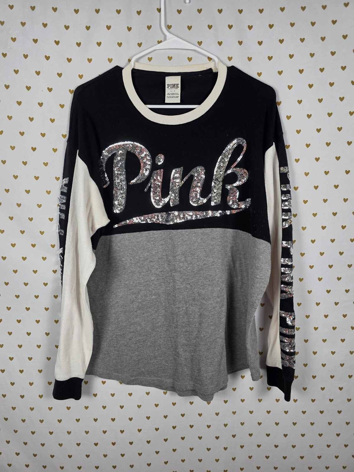 Victorias Secret PINK Bling Long Sleeve Sequined Colorblock Tee shirt Large