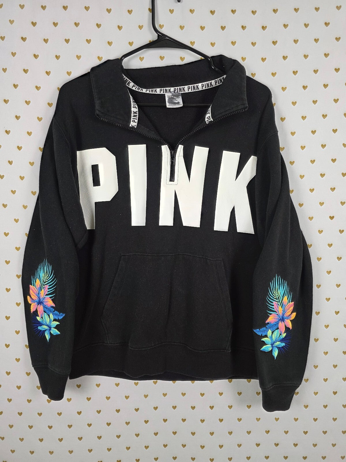 Victorias Secret Pink Embroidered Hibiscus Quarter Zip Logo Sweater Shirt MED