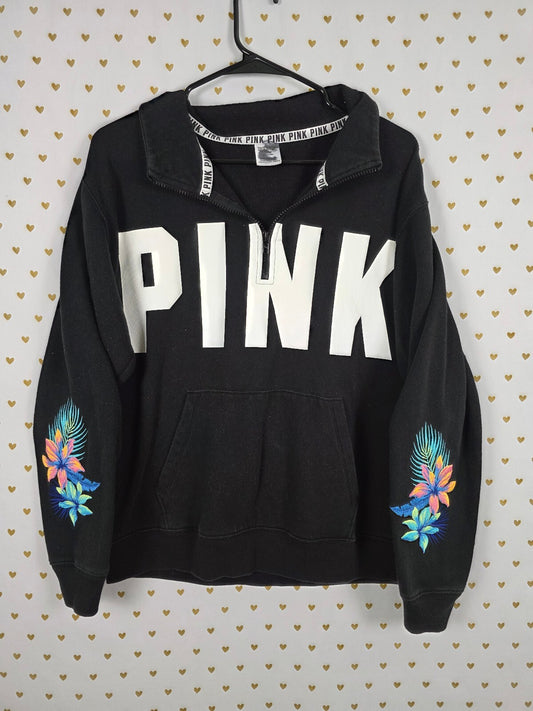 Victorias Secret Pink Embroidered Hibiscus Quarter Zip Logo Sweater Shirt MED