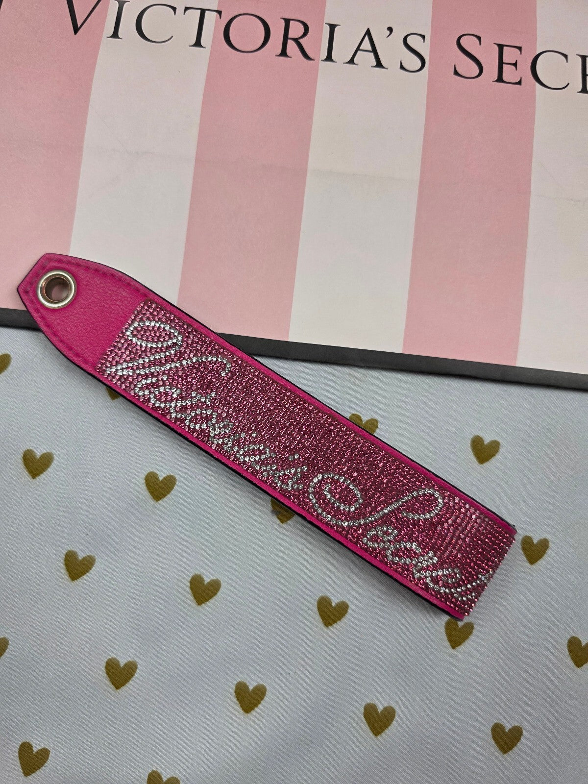 Victoria Secret BLING wristlet strap keychain Logo Studded Handle Rhinestone