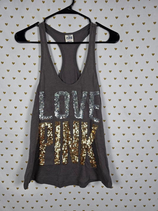 Victorias Secret PINK BLING Sequin LOVE Gold Silver Logo Tank Top SMALL