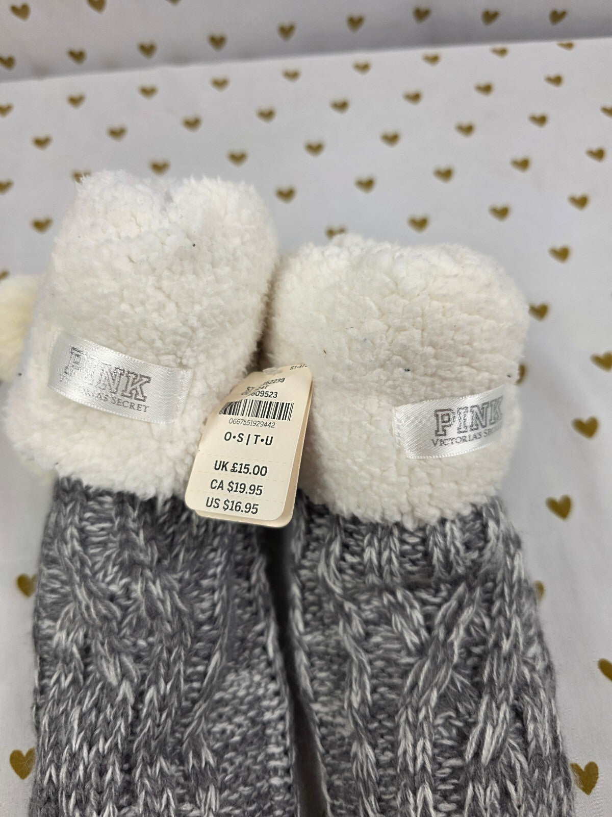 Victoria's Secret PINK Forever Busy Sherpa Cable Knit Slipper Socks NWT OS