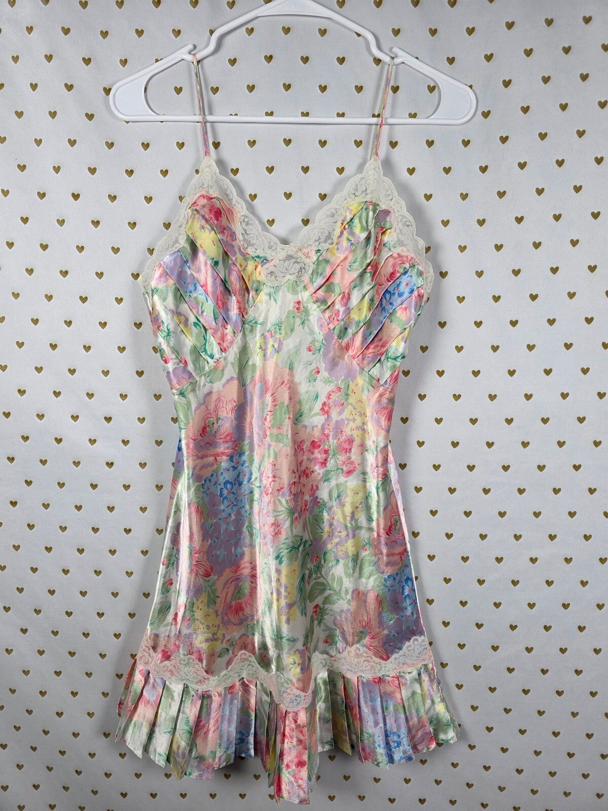 Vintage Victoria's Secret Gold Label Satin Floral Slip Dress Lace Pleated S