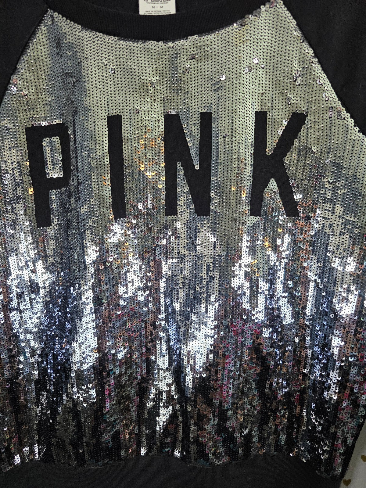 Victorias Secret Pink FULL BLING Sequined Logo Crew Sweater Shirt Medium