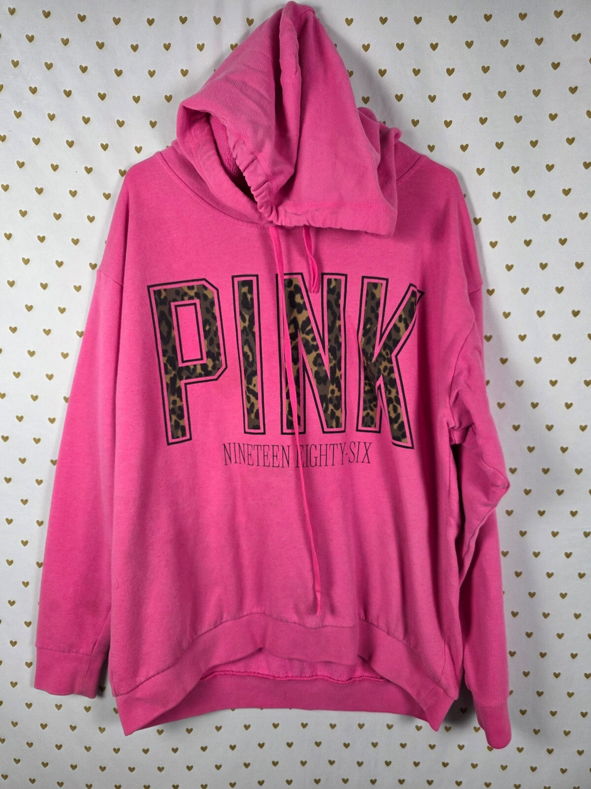 Victorias Secret Pink Pullover Hoodie Sweater Logo Cheetah leopard Large Oversiz