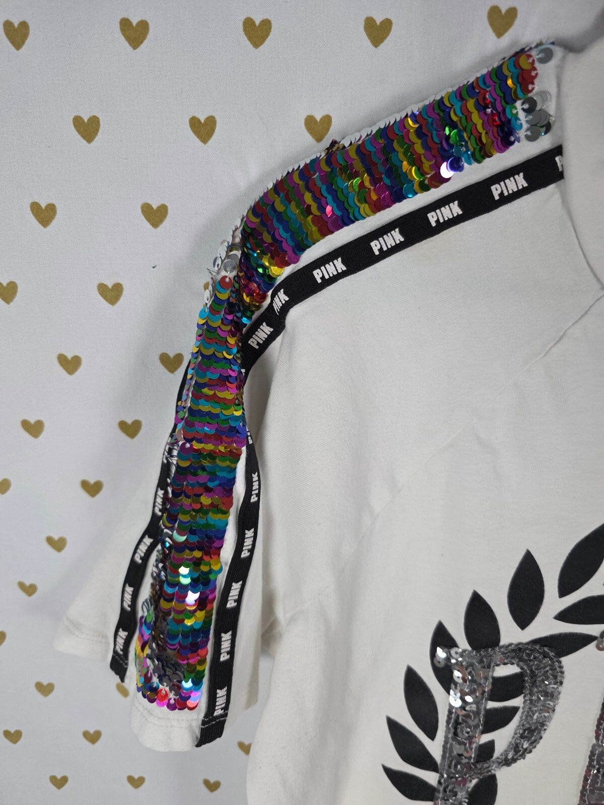 Victorias Secret PINK Rainbow Flip Bling sequined Crest tee shirt Logo Small