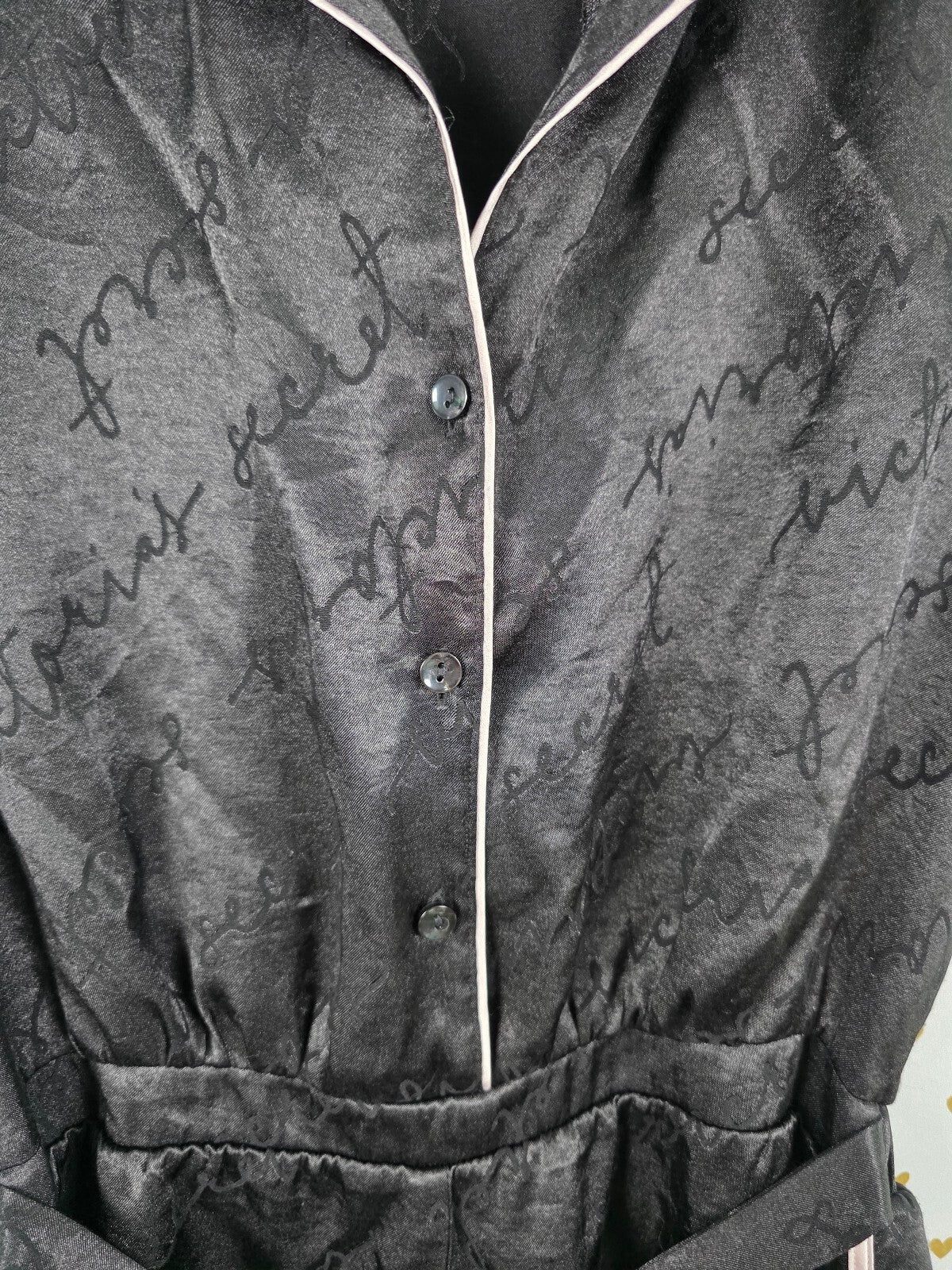 Victorias Secret Black Satin logo Sleep ROMPER one Piece Pajamas SMALL