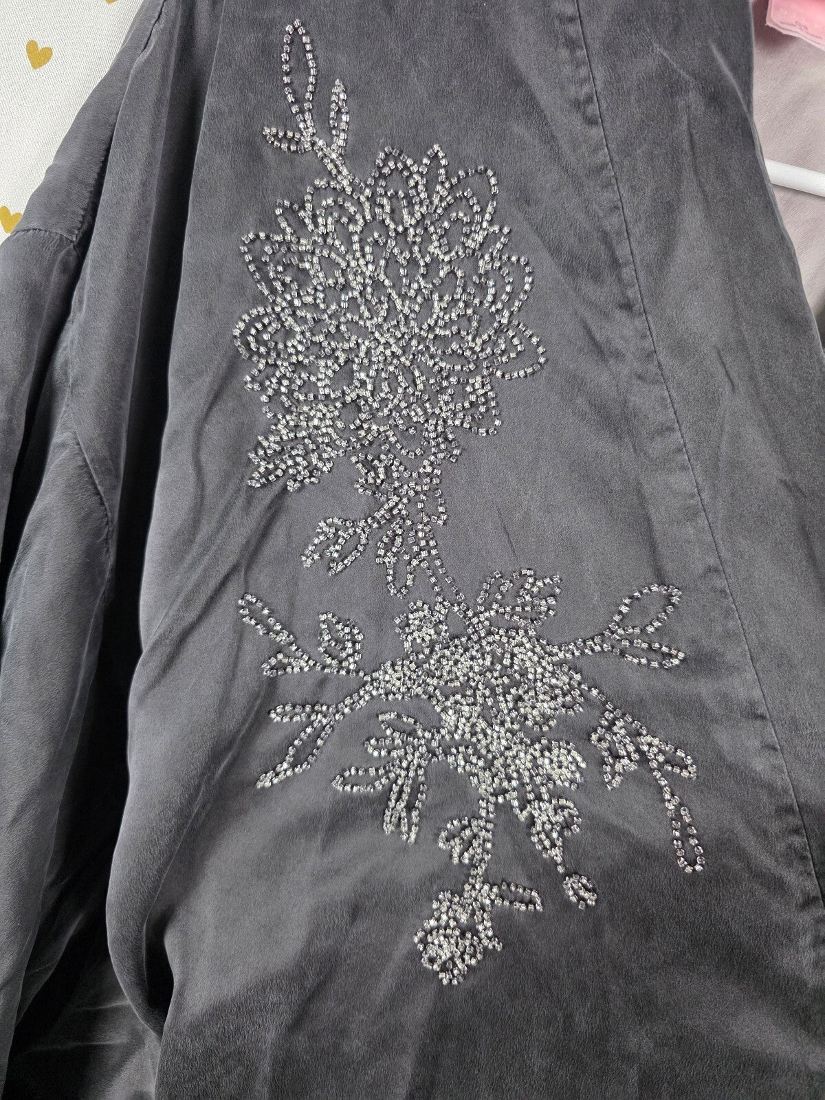 Victoria's Secret 100% Silk Kimono Robe O/S Rhinestone Floral Black Gray
