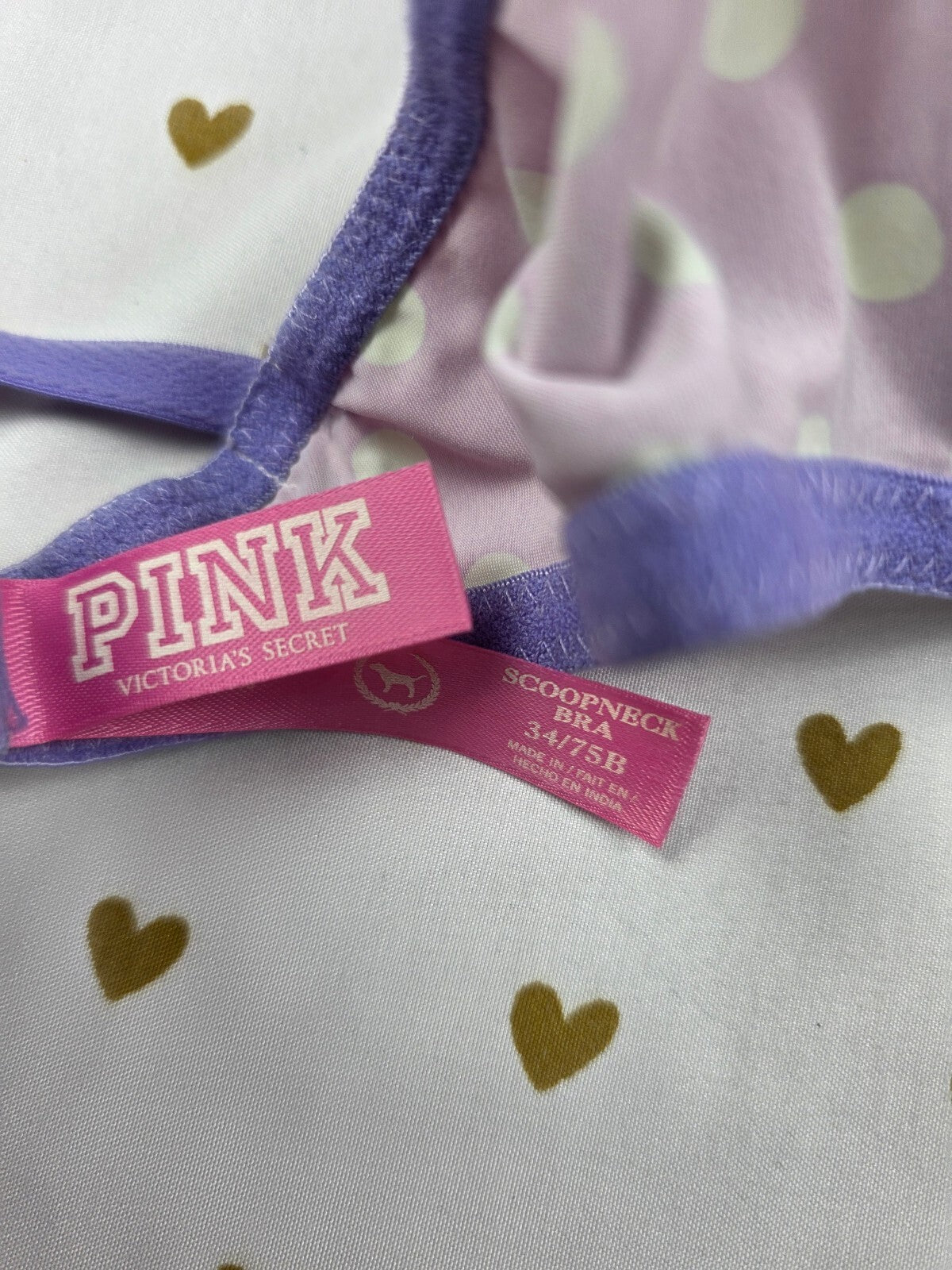Victorias Secret Pink Vintage Polka Dot Purple Scoopneck Bra 34B