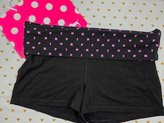 Victorias Secret PINK Black FOLDOVER Yoga Shorts 2XL XXL Logo