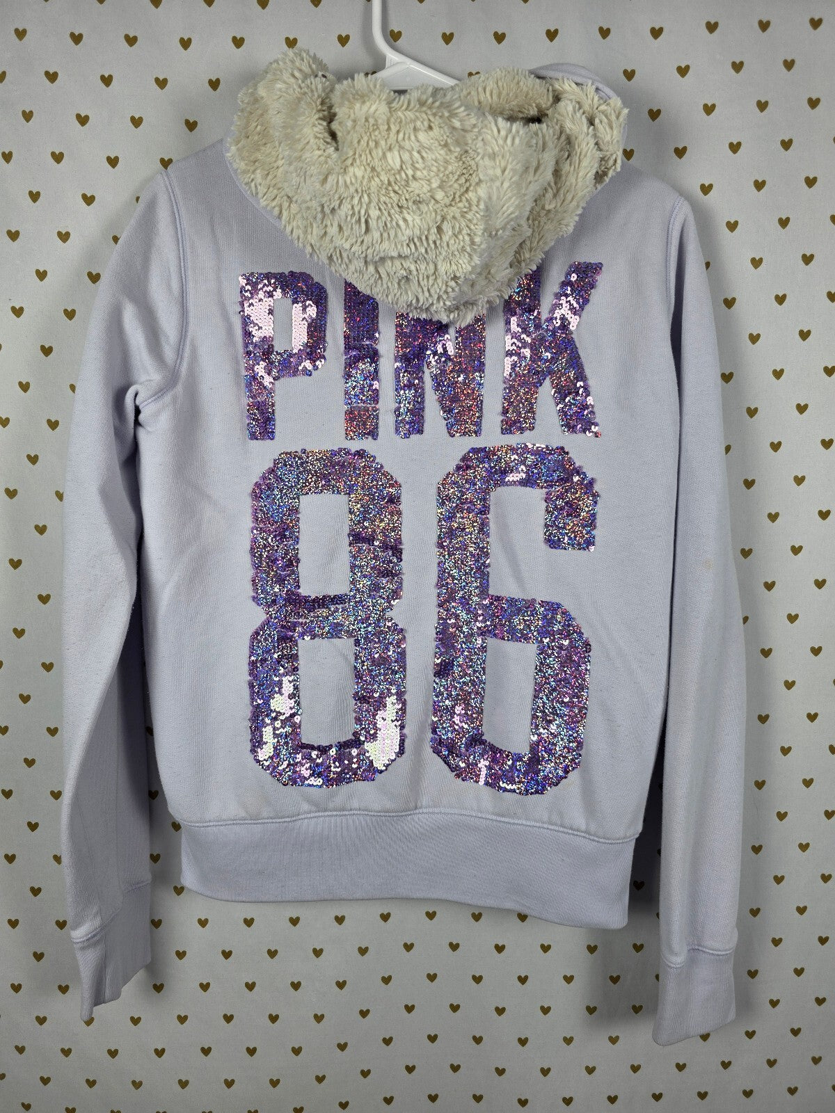 Victorias Secret Pink Grey FUR LINED Hoodie Jacket BLING MEDMAID Sequined S