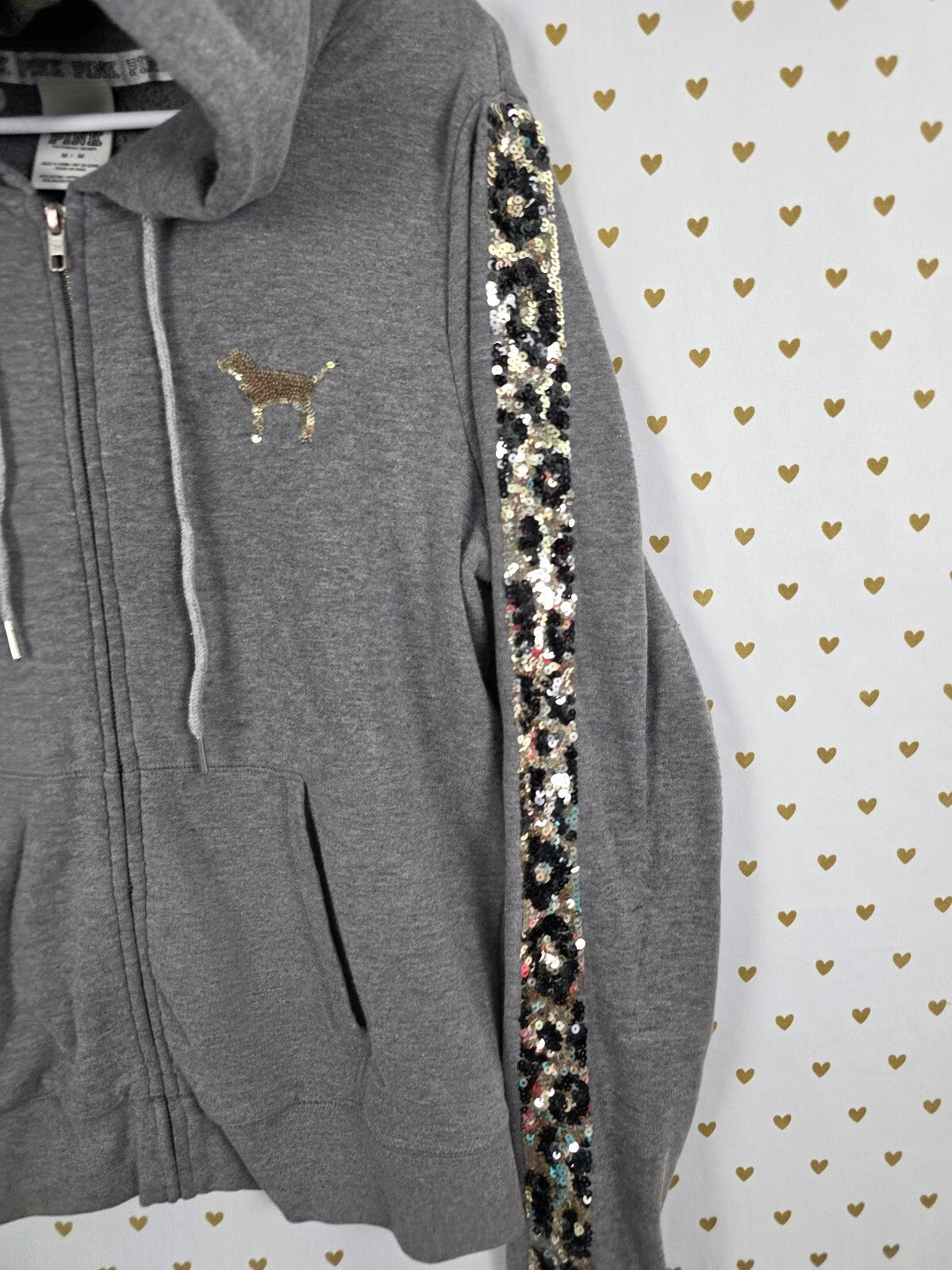 Victorias Secret Pink Leopard Cheetah BLING Sequined Medium Hoodie Jacket HTF