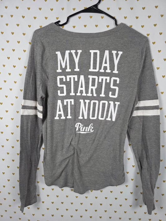 Victorias Secret PINK MY DAY STARTS AT NOON Henley Grey Shirt MEDIUM