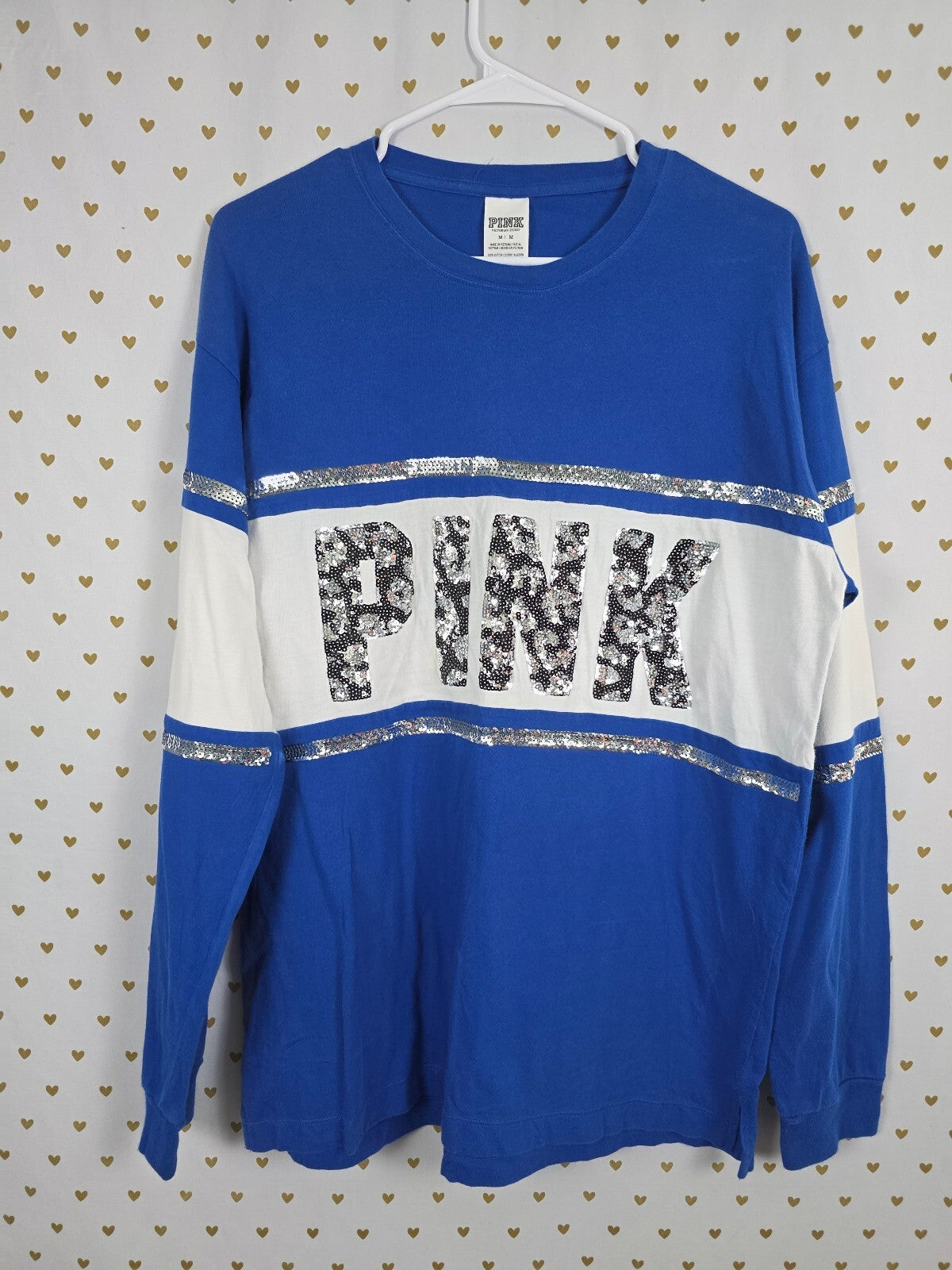 Victorias Secret PINK Cheetah Bling Sequined Long sleeve Colorblock Blue Tee M